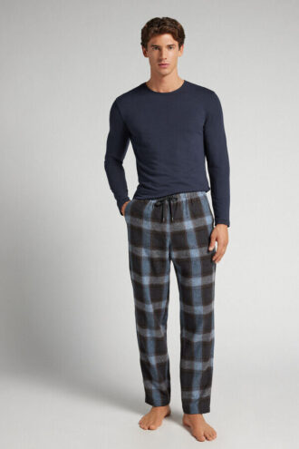 Blue Check Print Full Length Knit Pants