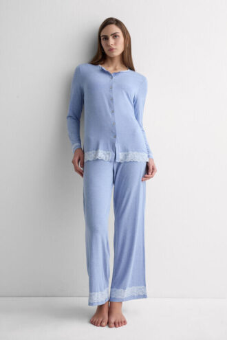 Lace Trim Button Up Full Length Pajamas in Modal