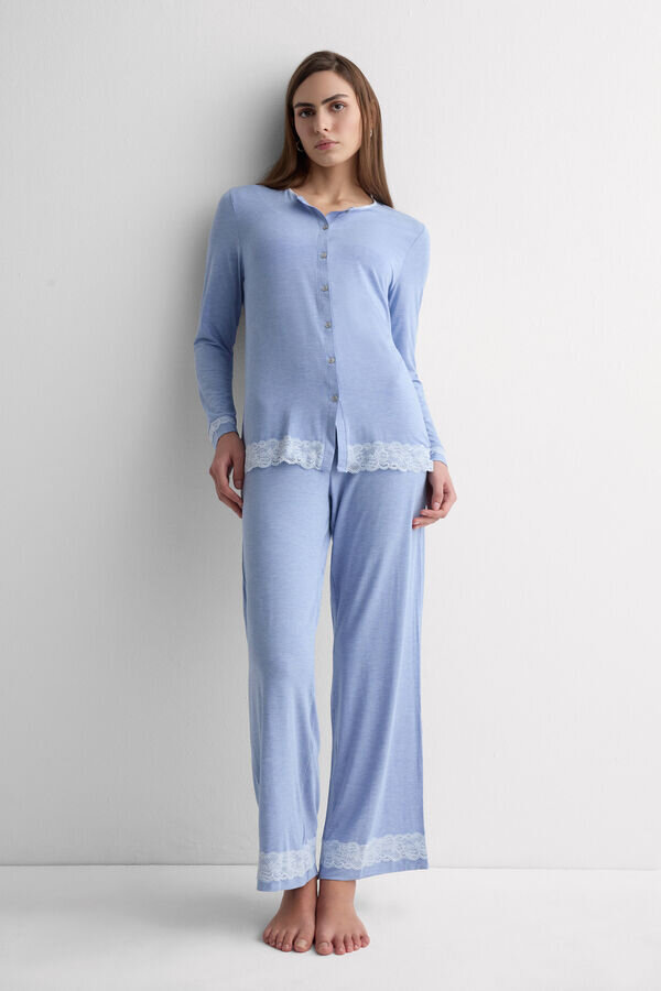 Lace Trim Button Up Full Length Pajamas in Modal Lace Trim Button Up Full Length Pajamas in Modal