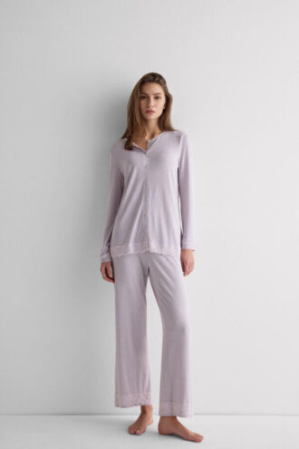 Lace Trim Button Up Full Length Pajamas in Modal
