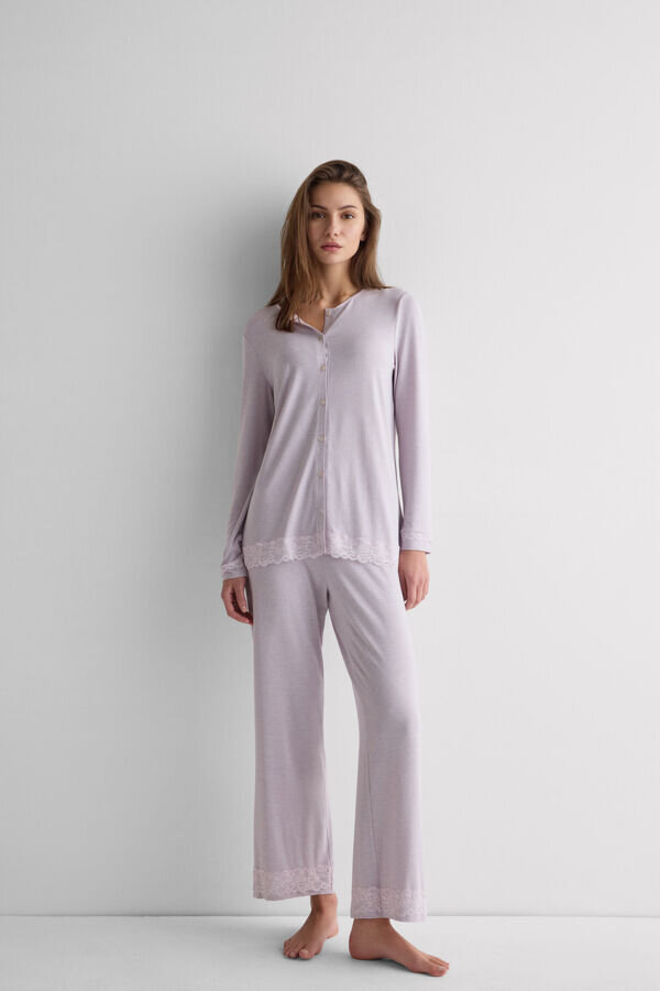 Lace Trim Button Up Full Length Pajamas in Modal Lace Trim Button Up Full Length Pajamas in Modal