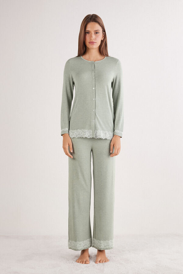 Lace Trim Button Up Full Length Pajamas in Modal Lace Trim Button Up Full Length Pajamas in Modal