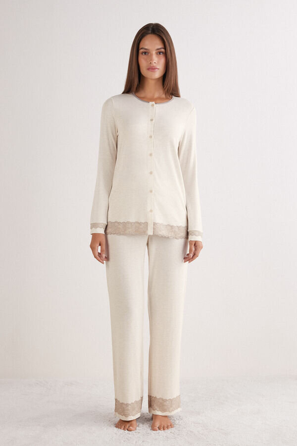 Lace Trim Button Up Full Length Pajamas in Modal Lace Trim Button Up Full Length Pajamas in Modal
