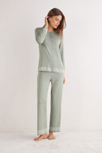 Lace Trim Button Up Full Length Pajamas in Modal