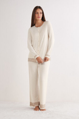 Lace Trim Button Up Full Length Pajamas in Modal