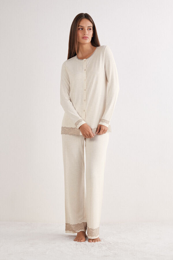 Lace Trim Button Up Full Length Pajamas in Modal Lace Trim Button Up Full Length Pajamas in Modal