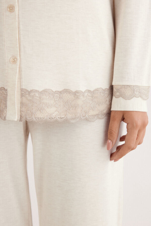 Lace Trim Button Up Full Length Pajamas in Modal Lace Trim Button Up Full Length Pajamas in Modal