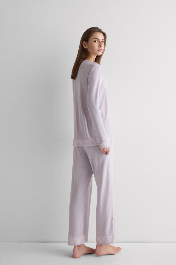 Lace Trim Button Up Full Length Pajamas in Modal Lace Trim Button Up Full Length Pajamas in Modal