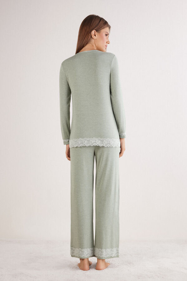 Lace Trim Button Up Full Length Pajamas in Modal Lace Trim Button Up Full Length Pajamas in Modal
