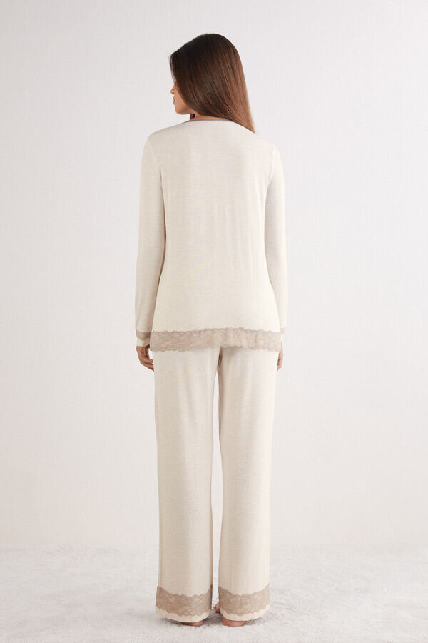 Lace Trim Button Up Full Length Pajamas in Modal Lace Trim Button Up Full Length Pajamas in Modal