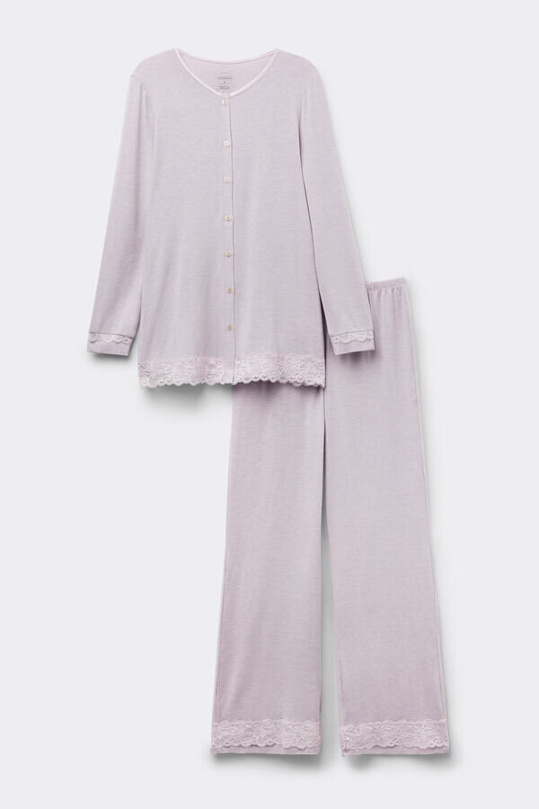 Lace Trim Button Up Full Length Pajamas in Modal Lace Trim Button Up Full Length Pajamas in Modal