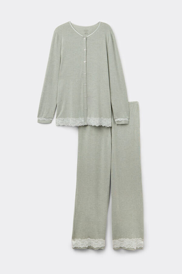 Lace Trim Button Up Full Length Pajamas in Modal Lace Trim Button Up Full Length Pajamas in Modal