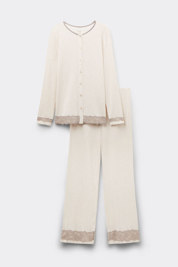 Lace Trim Button Up Full Length Pajamas in Modal Lace Trim Button Up Full Length Pajamas in Modal