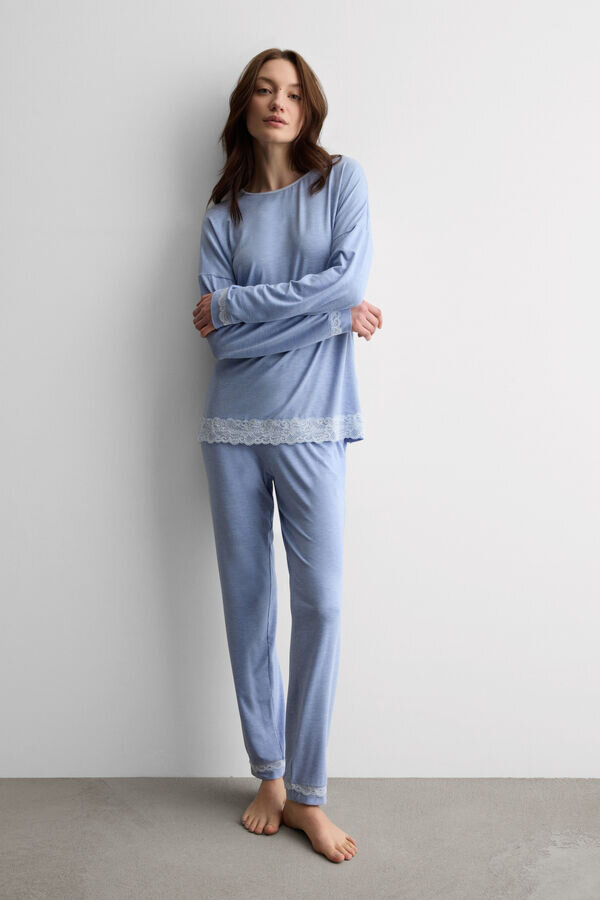 Lace Trim Full Length Pajamas in Modal Lace Trim Full Length Pajamas in Modal