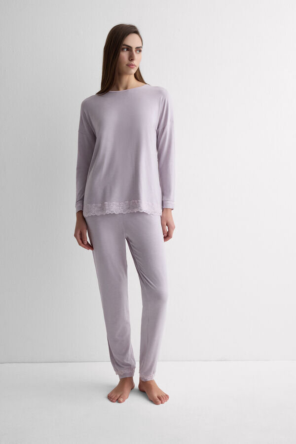 Lace Trim Full Length Pajamas in Modal Lace Trim Full Length Pajamas in Modal