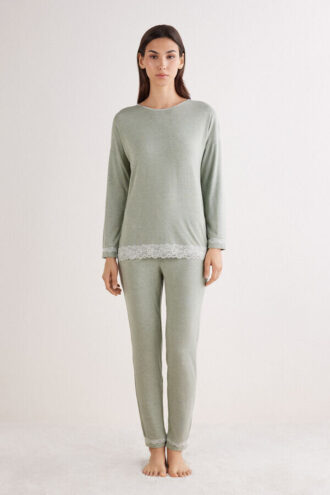 Lace Trim Full Length Pajamas in Modal