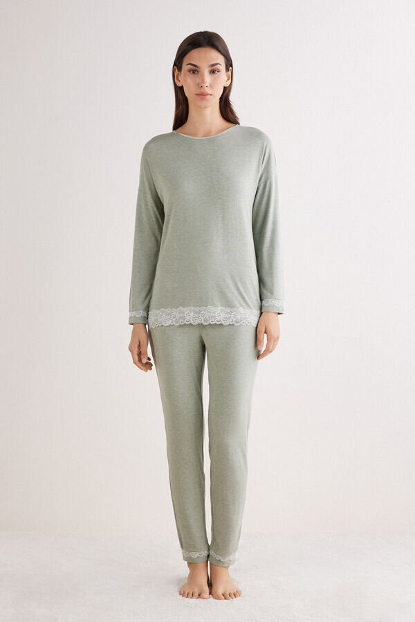 Lace Trim Full Length Pajamas in Modal Lace Trim Full Length Pajamas in Modal