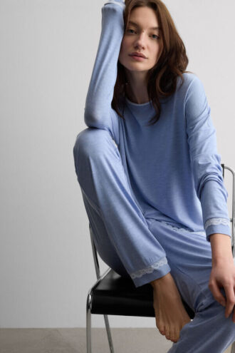 Lace Trim Full Length Pajamas in Modal