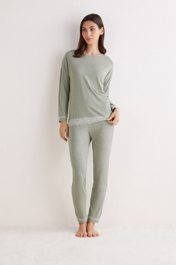 Lace Trim Full Length Pajamas in Modal Lace Trim Full Length Pajamas in Modal