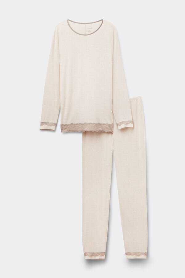 Lace Trim Full Length Pajamas in Modal Lace Trim Full Length Pajamas in Modal