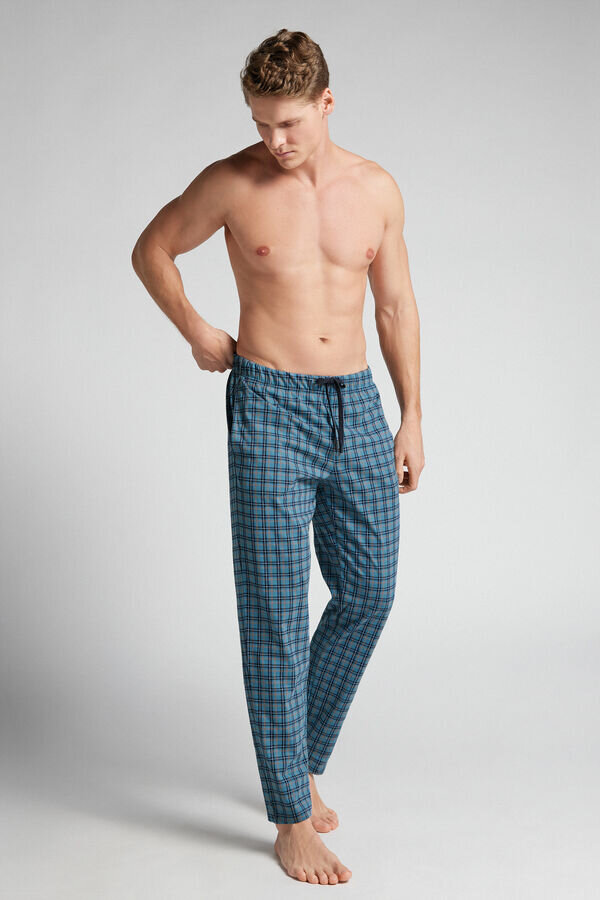 Light Blue Check Print Full Length Cotton Pants Light Blue Check Print Full Length Cotton Pants