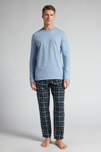 Light Blue Cotton and Check Print Cloth Full Length Pajamas