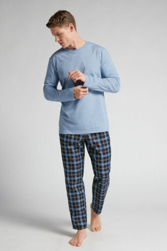 Light Blue Cotton and Check Print Cloth Full Length Pajamas
