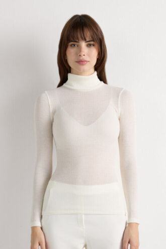 Long-Sleeve High-Neck Tubular Top in Wool and Silk