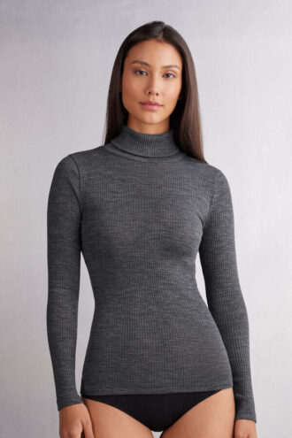 Long-Sleeve High-Neck Tubular Top in Wool and Silk