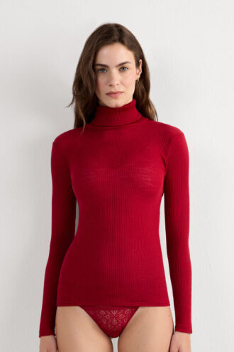 Long-Sleeve High-Neck Tubular Top in Wool and Silk
