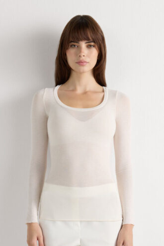 Long Sleeve Scoop Neck Top in Ultralight Modal with Cashmere