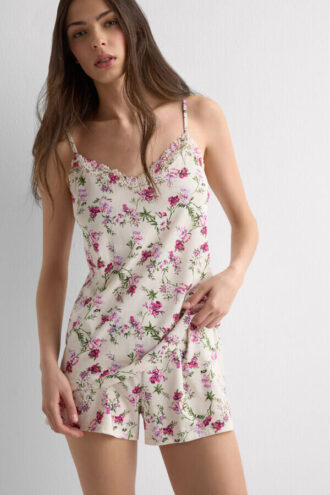 Pretty Flowers Print Superior Cotton Short Pajamas with Camisole