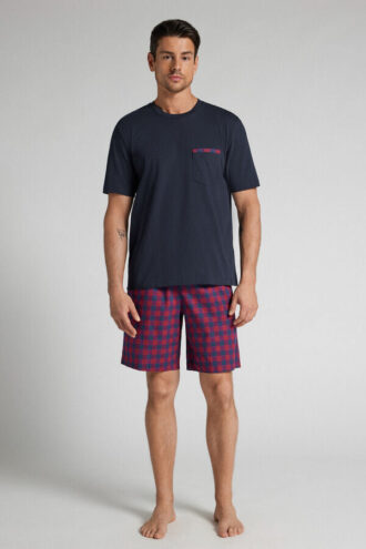 Red and Blue Check Print Cloth and Cotton Short Pajamas