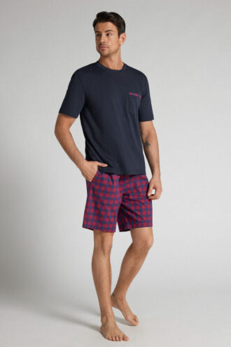 Red and Blue Check Print Cloth and Cotton Short Pajamas